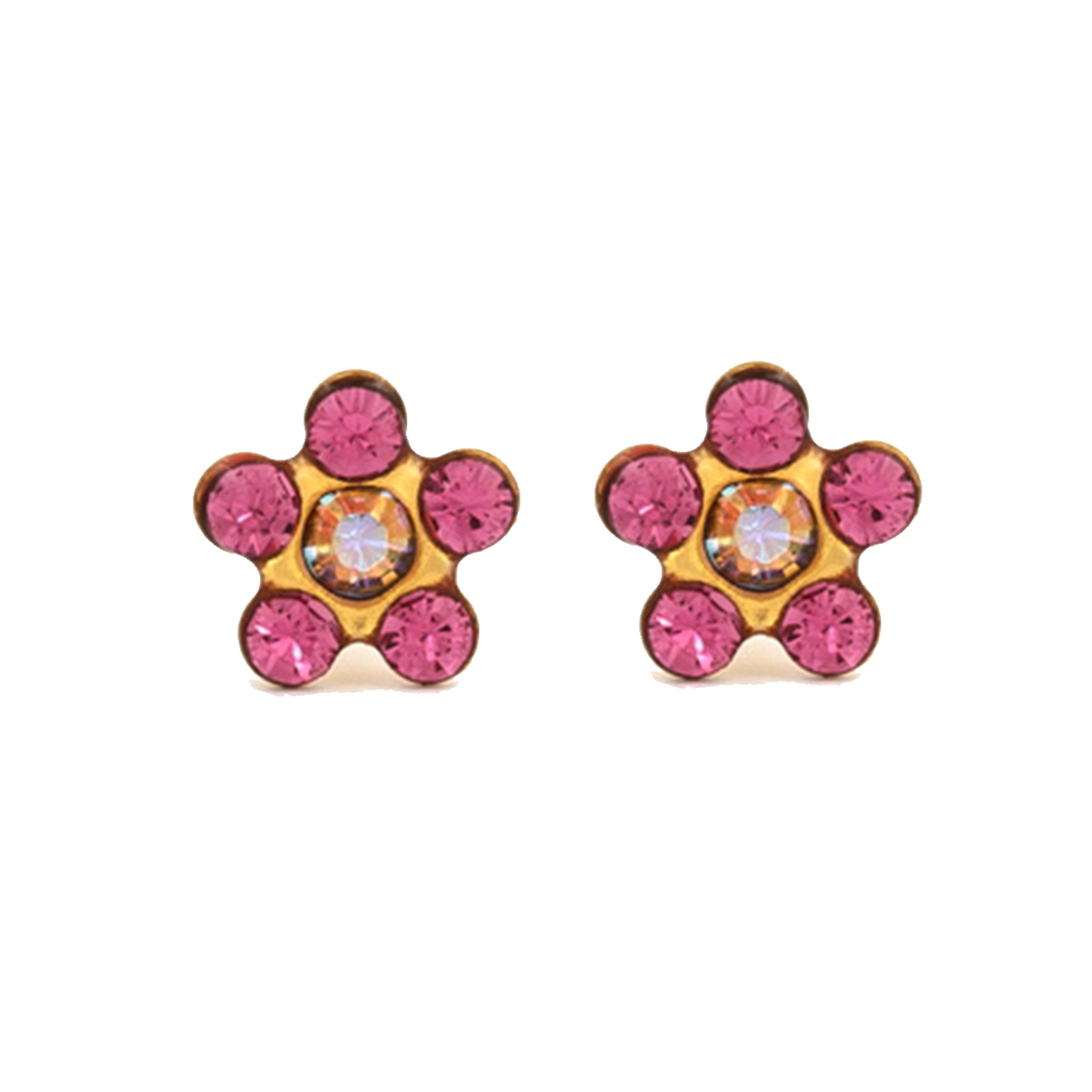 Daisy (Flower) - AB Crystal - Oct Rose – Light Blue & Pink | 24K Pure Gold-Plated Piercing Earrings with Ear Piercing Cartridge | Studex System75