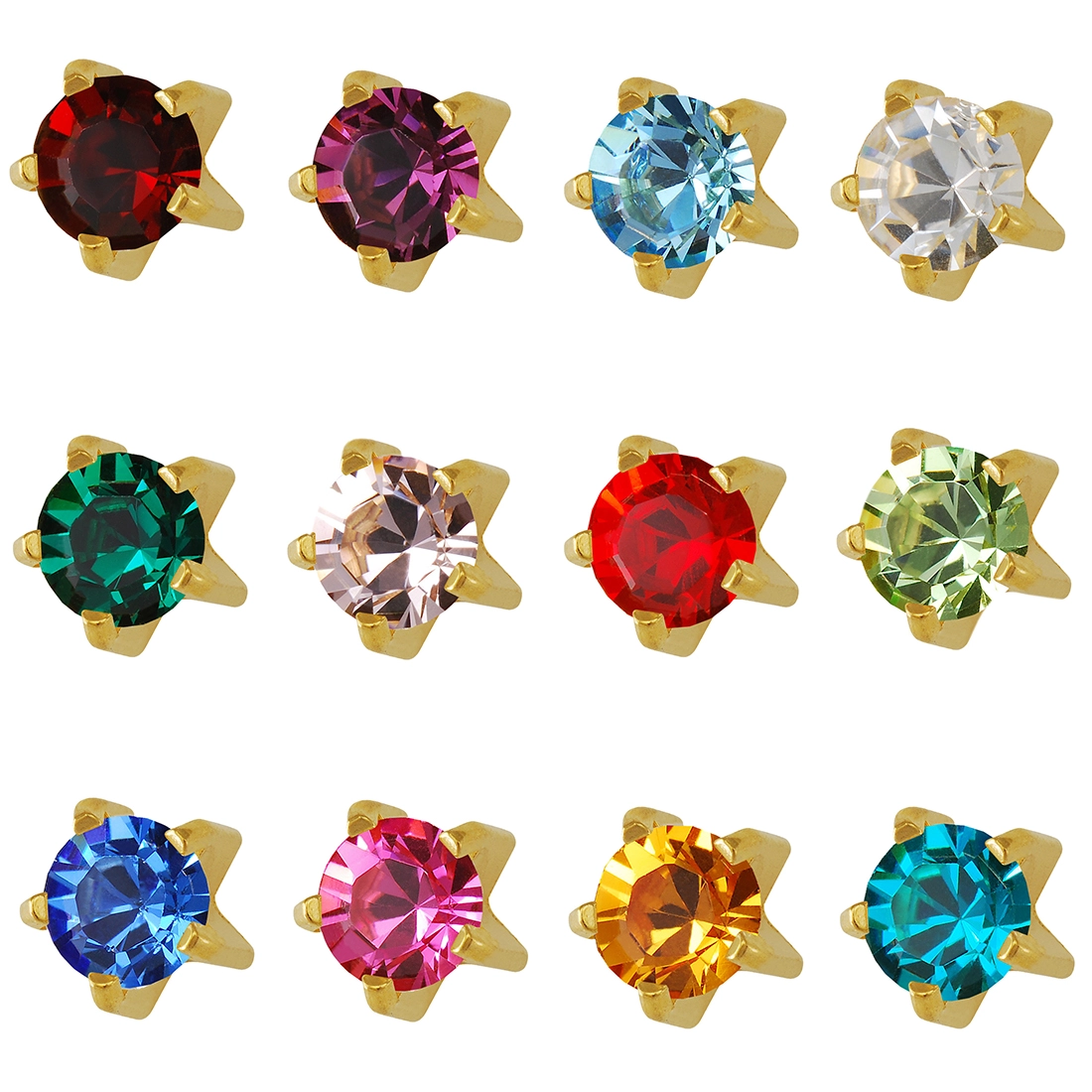 2MM Star – Assorted (Multi-color) | January - December Birthstone | 24K Pure Gold Plated Piercing Earrings | Studex Universal Machine (12 Pair Kit)